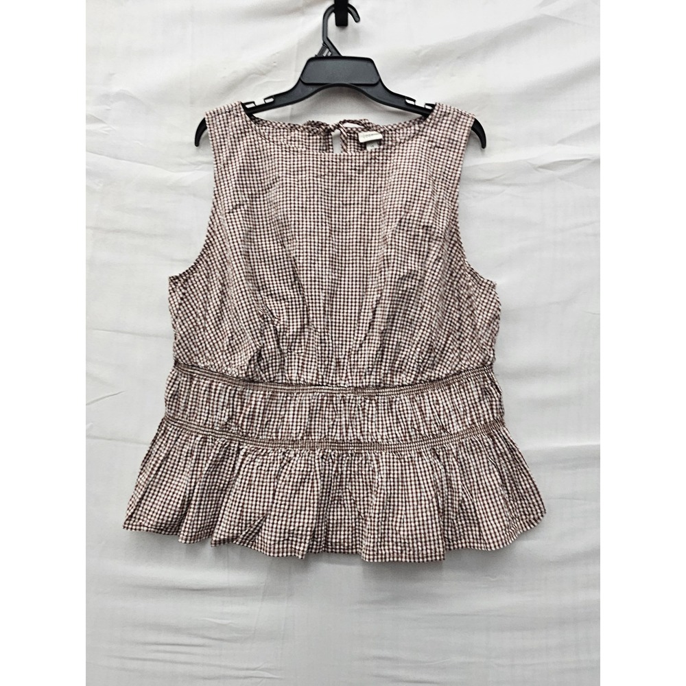 A New Day Womens Gingham Peplum Top Brown Cotton Blend Casual Size 1X
